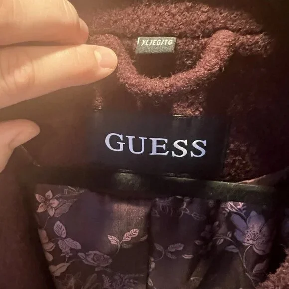 Guess Y2K Belted Pea Coat Womens XL Maroon Burgundy Silver Buttons - Picture 5 of 10